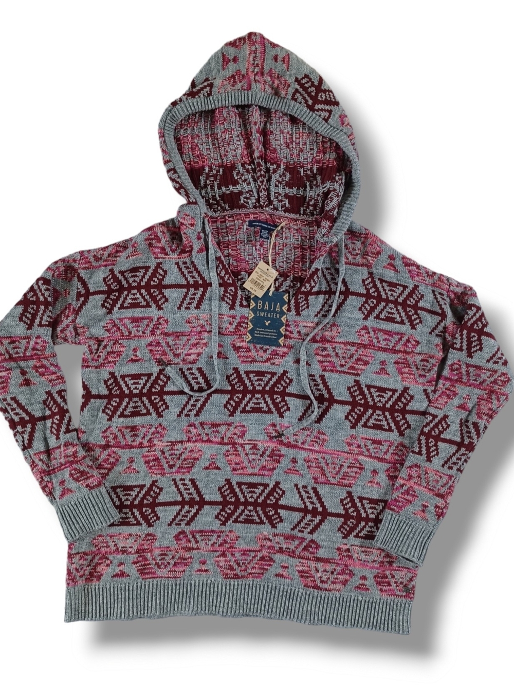 AEO American Eagle Baja Womens Sweater Hoodie Relaxed Fit Gray Red Aztec Size XS